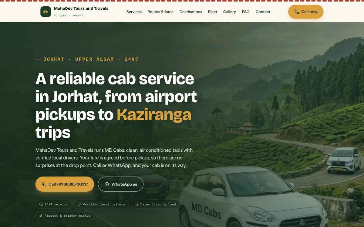 Homepage of MahaDev Tours and Travels, a 24x7 cab service in Jorhat, Assam